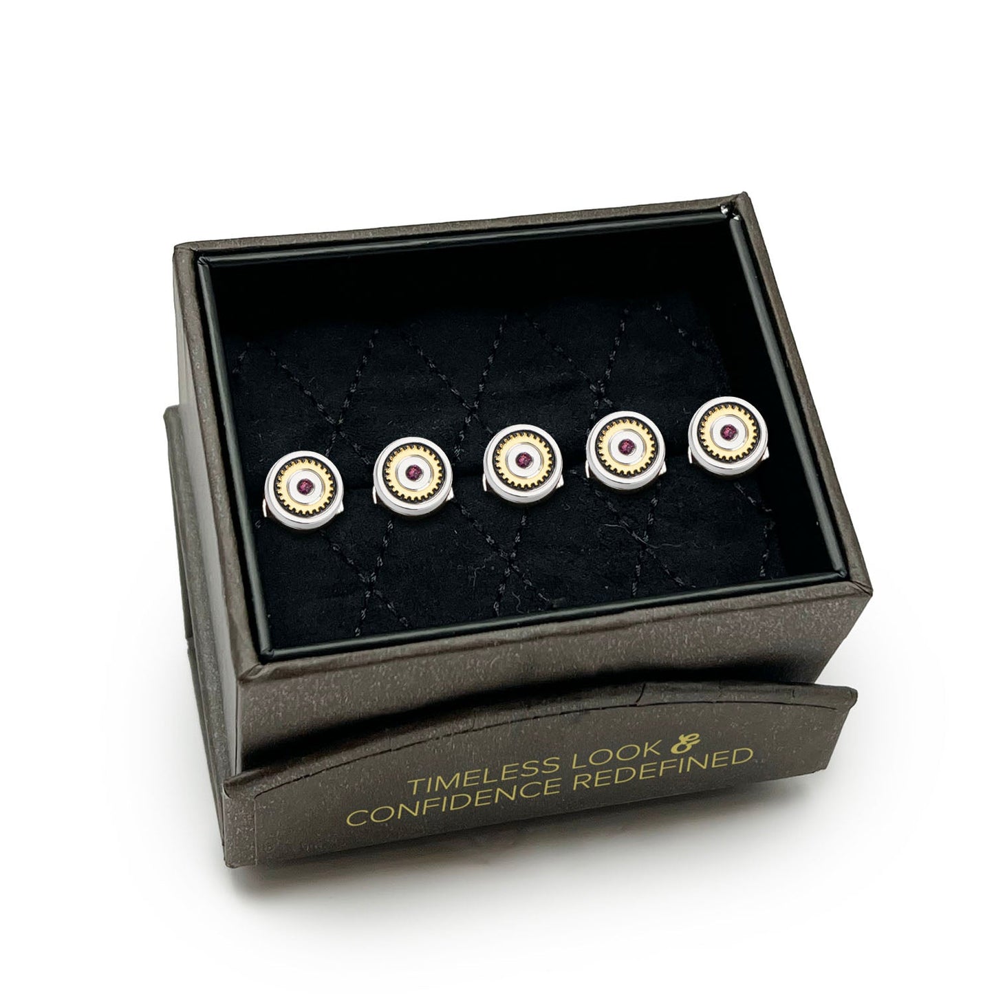 Set of cufflinks in a black box with text on a white background