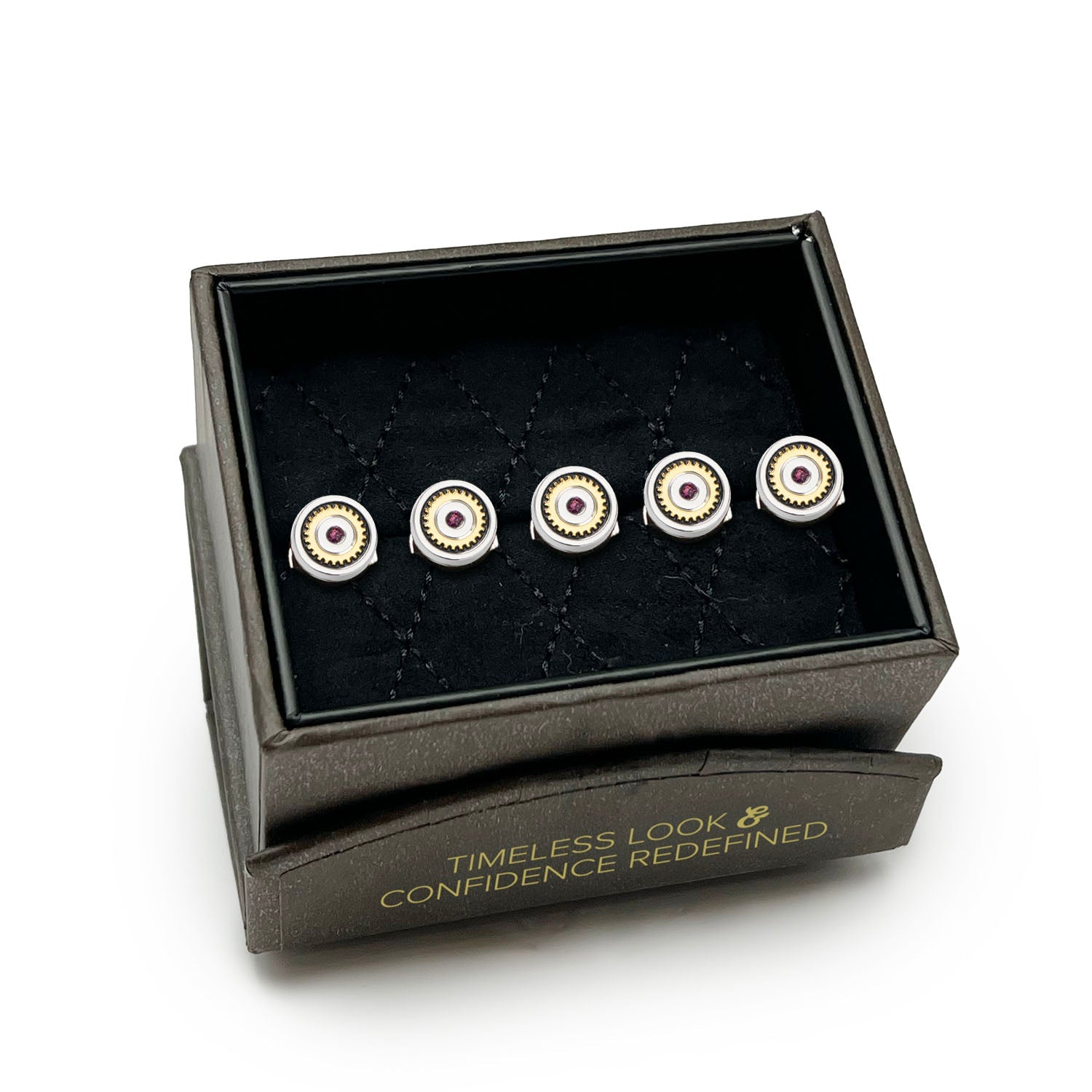 Set of cufflinks in a black box with text on a white background