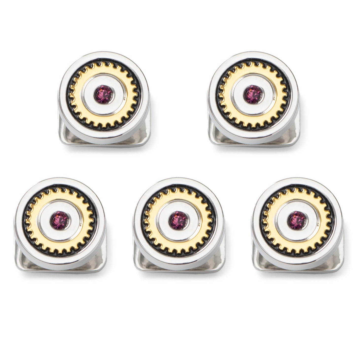 Five silver and gold rings with gemstones on a white background