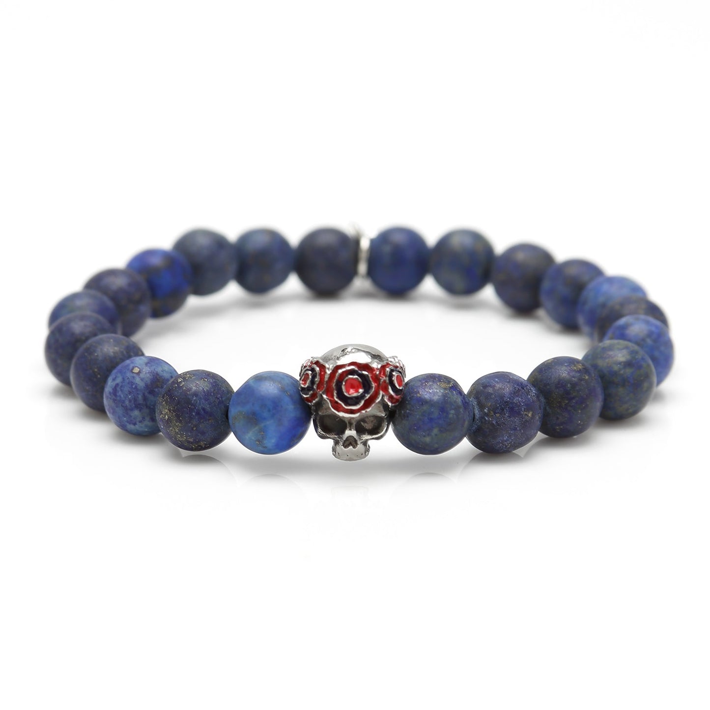 Blue beaded bracelet with a skull charm on a white background