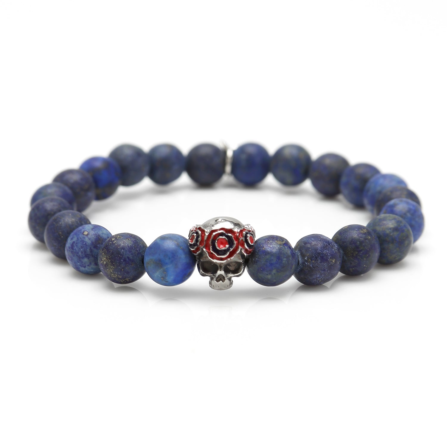 Blue beaded bracelet with a skull charm on a white background