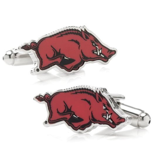 Red and silver cufflinks with a pig logo on a white background