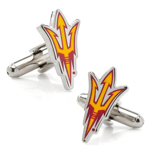 Cufflinks with red and yellow logo on a white background