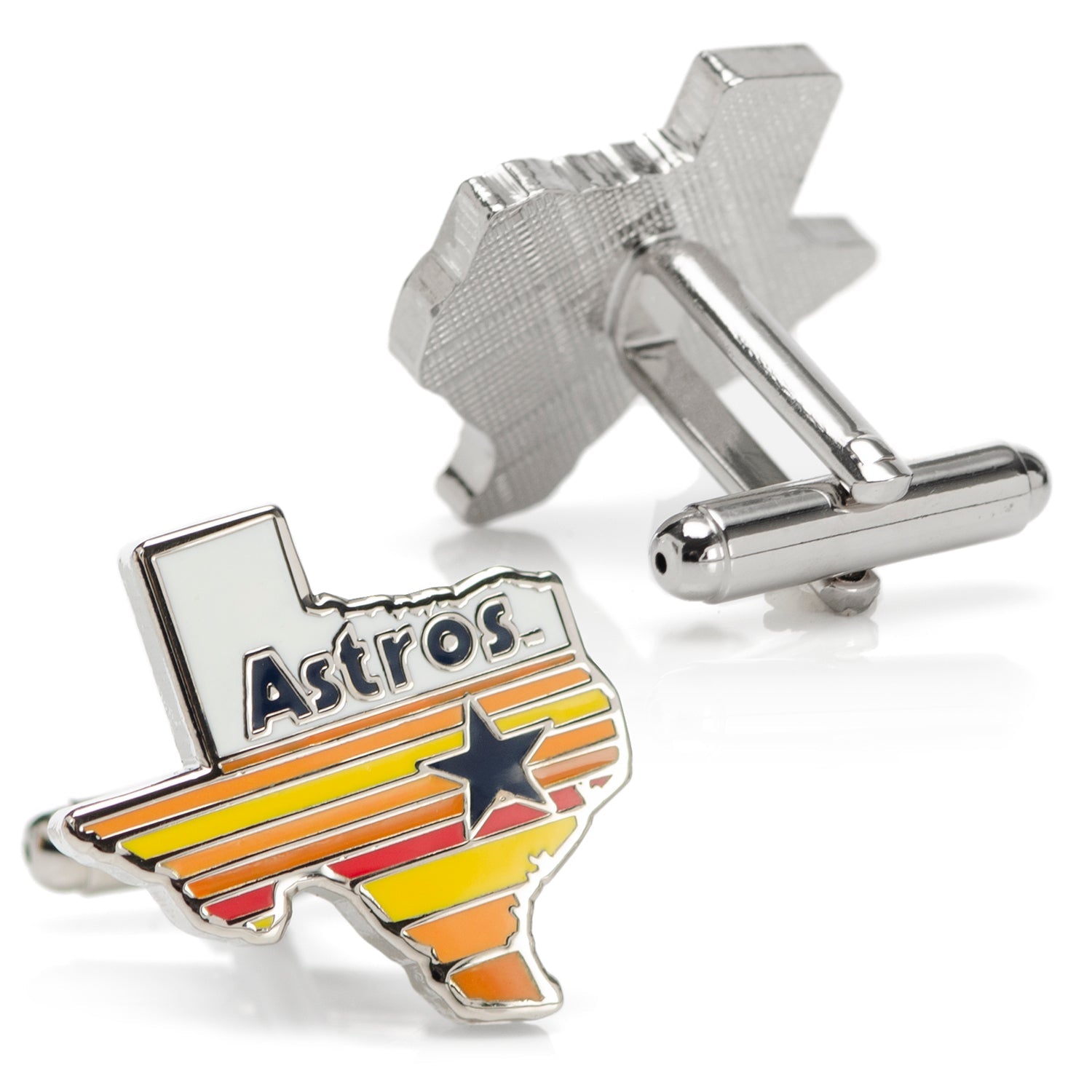 Cufflinks with a Texas-shaped design featuring the word 'Astros' on a white background