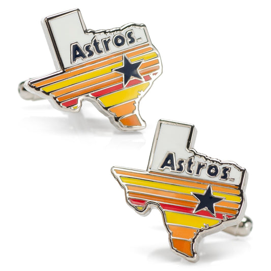 Two Texas-shaped cufflinks with 'Astros' text and star design on a white background