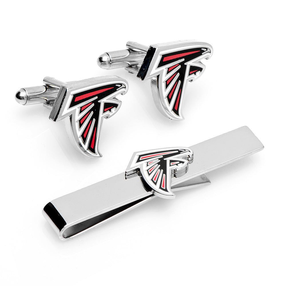 Atlanta Falcons cufflinks and tie clip set on a white background