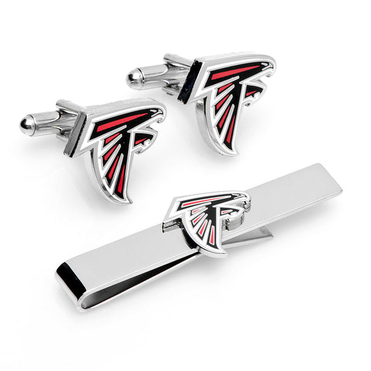 Atlanta Falcons cufflinks and tie clip set on a white background
