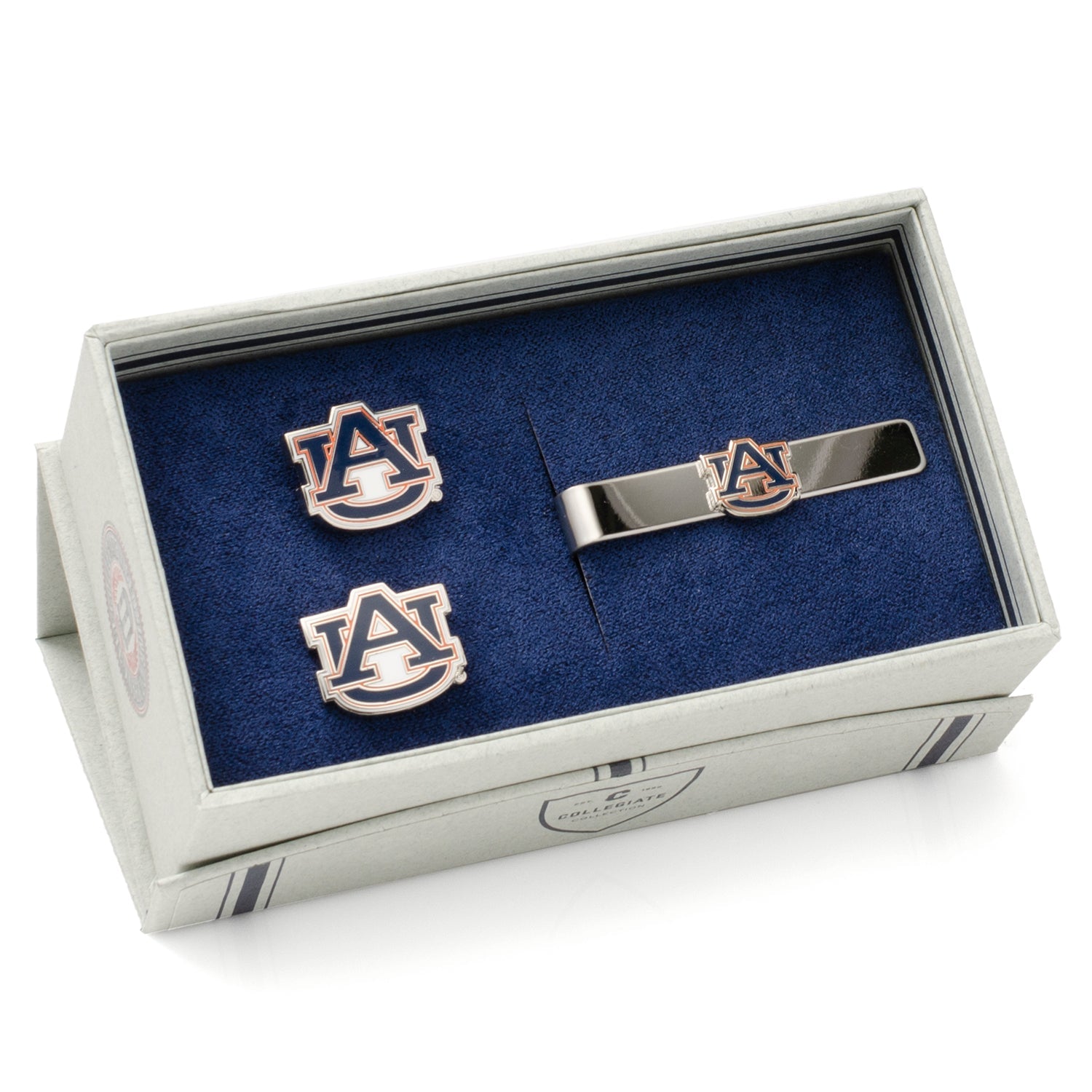 Cufflinks and tie clip set in a branded box on a white background