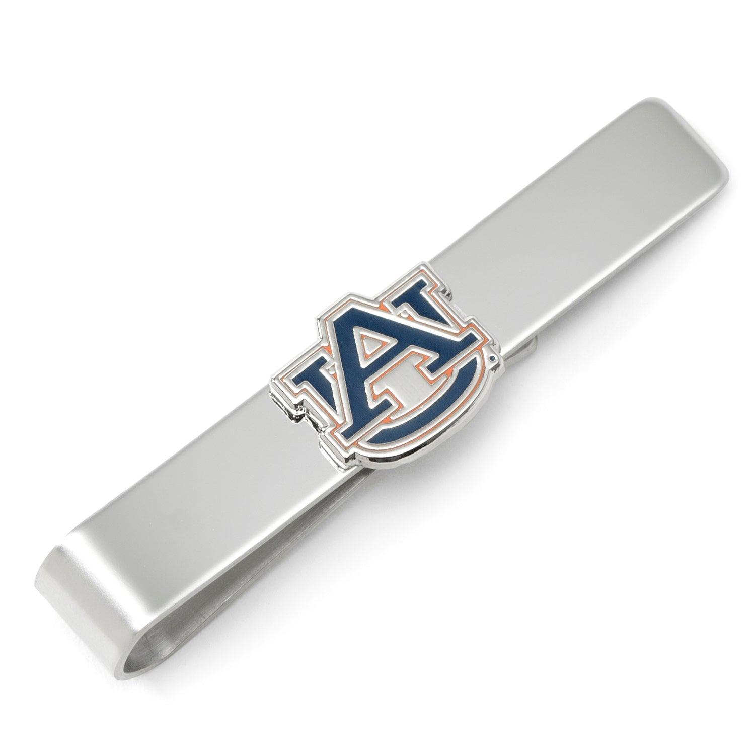 Silver tie clip with 'A' logo on a white background