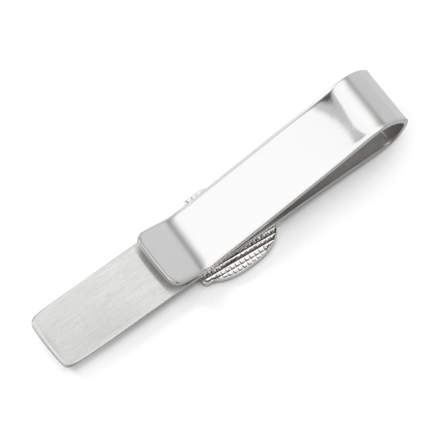 Silver tie clip on a white background