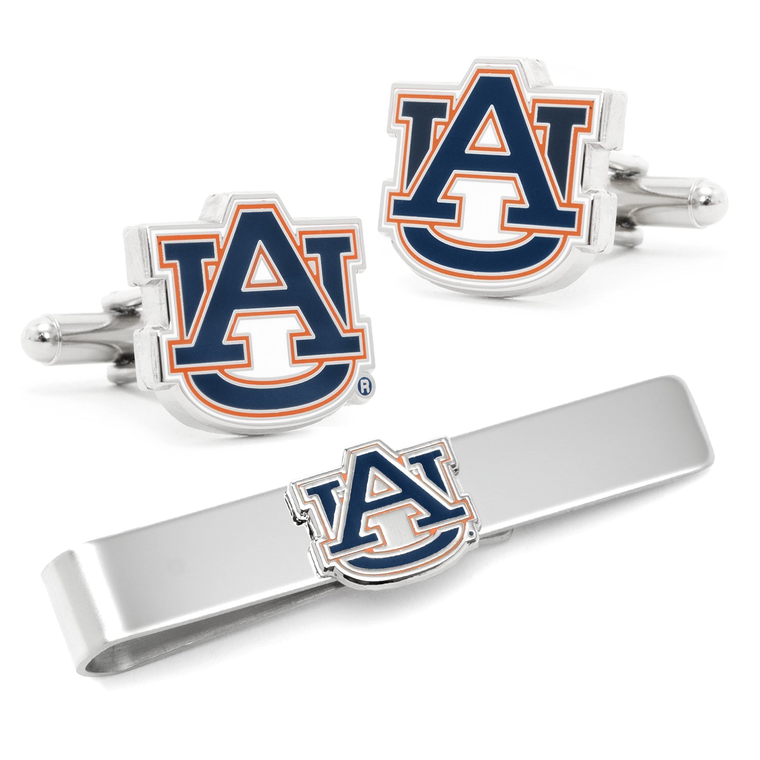 Auburn University logo cufflinks and tie clip set on a white background