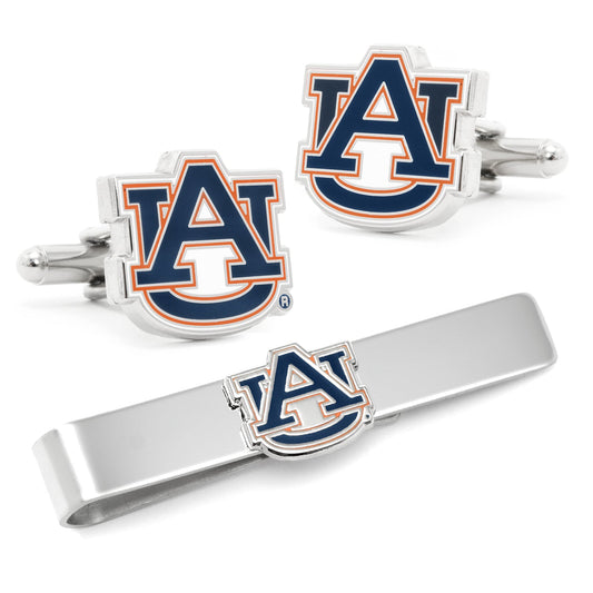 Auburn University logo cufflinks and tie clip set on a white background