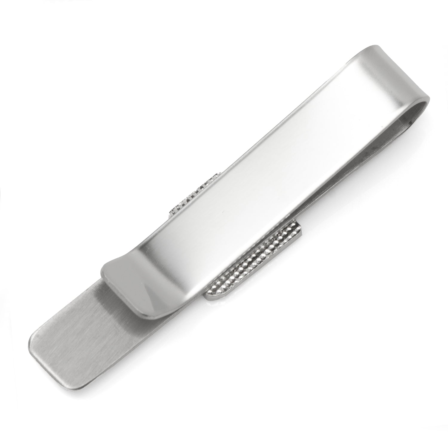 Silver tie clip on a white background
