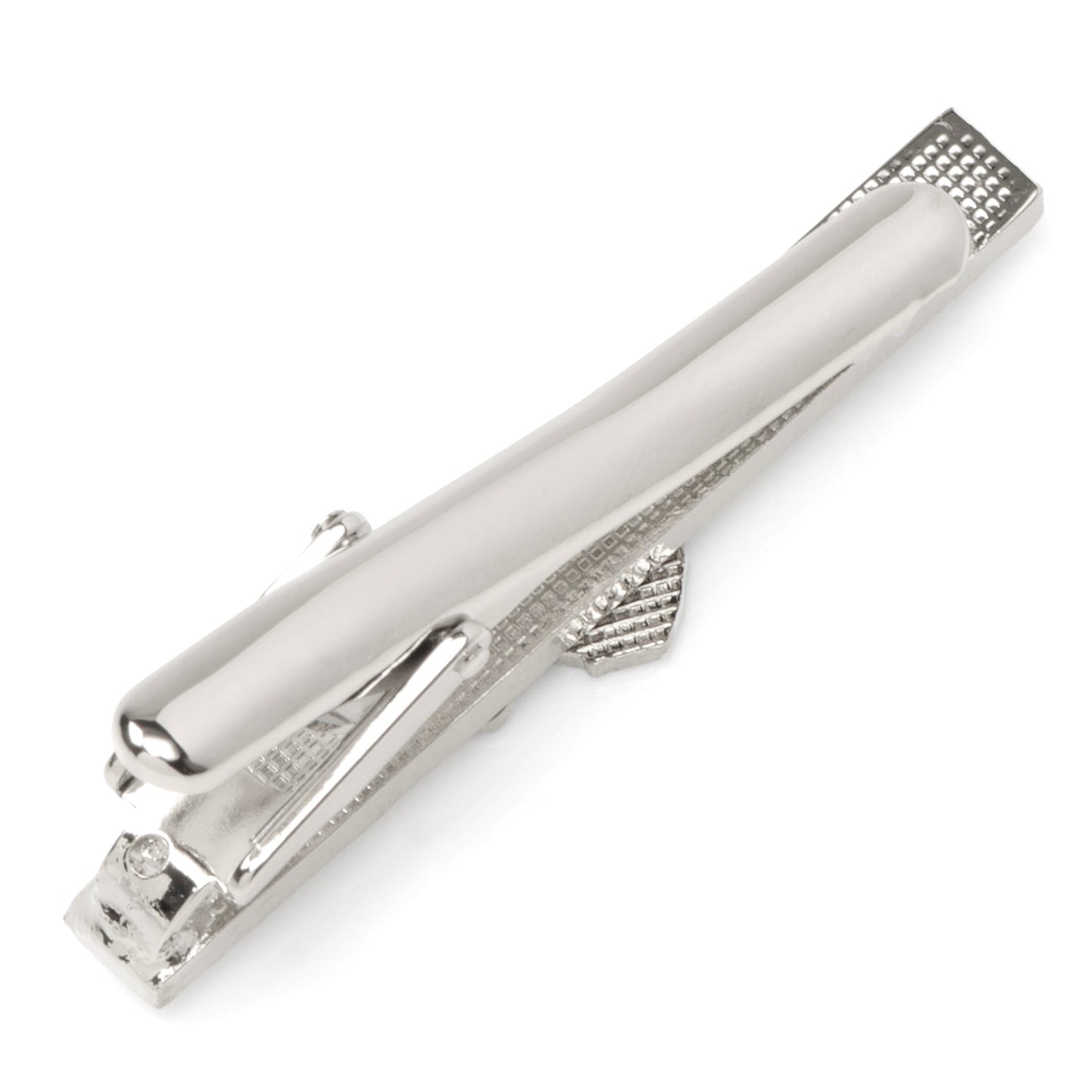 Silver tie clip on a white background