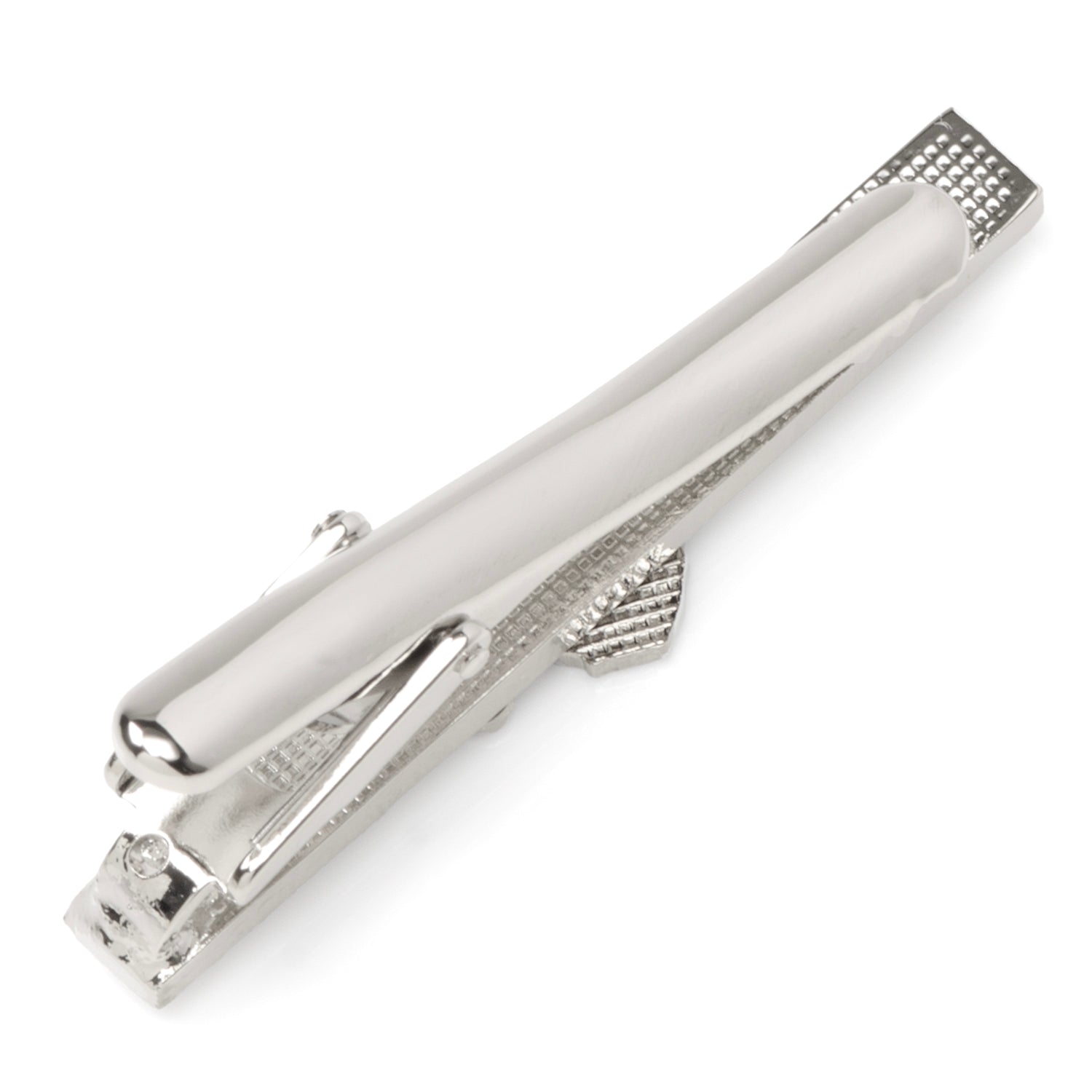 Silver tie clip on a white background