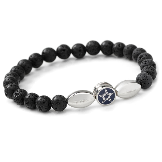 Black beaded bracelet with football and star charm on a white background