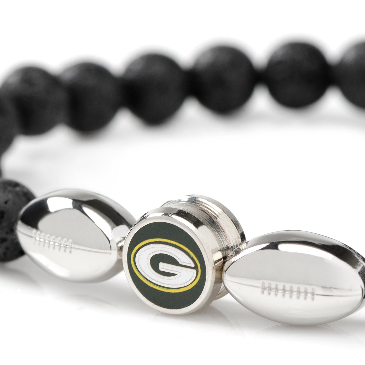 Black beaded bracelet with Green Bay Packers logo and football-shaped charms on a white background