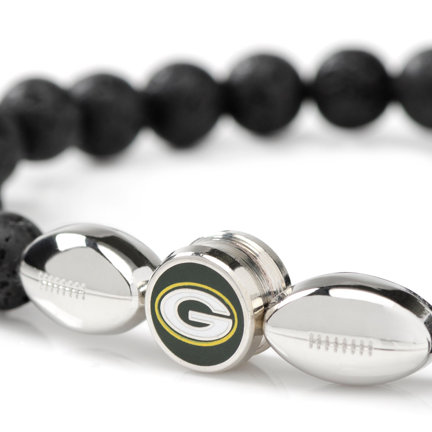 Black beaded bracelet with Green Bay Packers logo and football-shaped charms on a white background