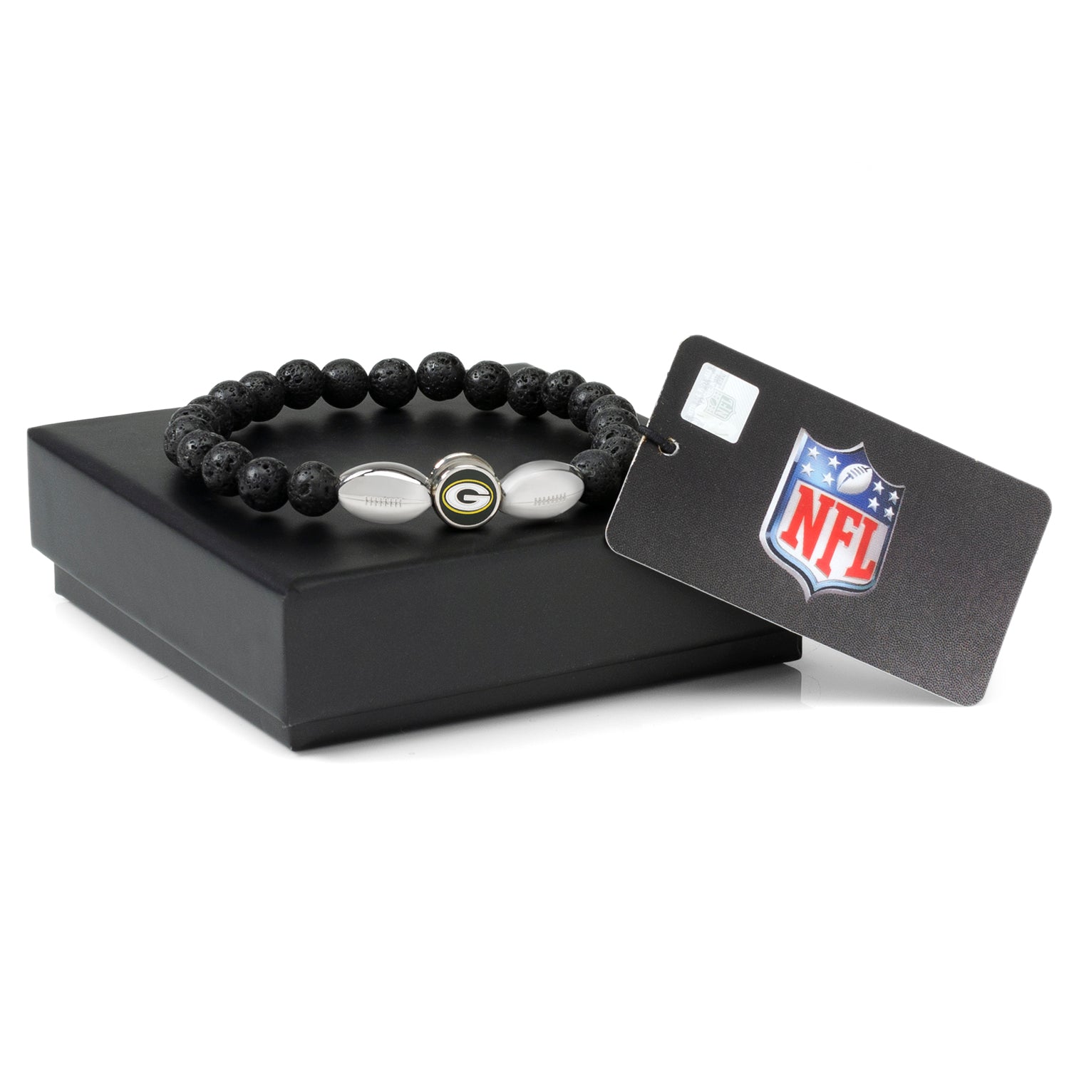 Black beaded bracelet with NFL logo on a black box with a white background