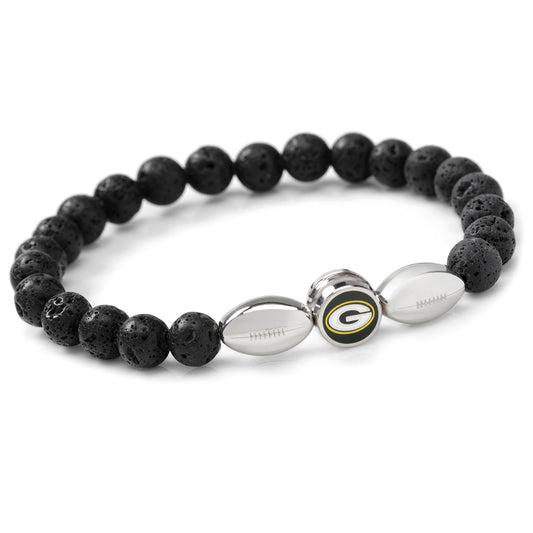 Black beaded bracelet with football-shaped charms on a white background