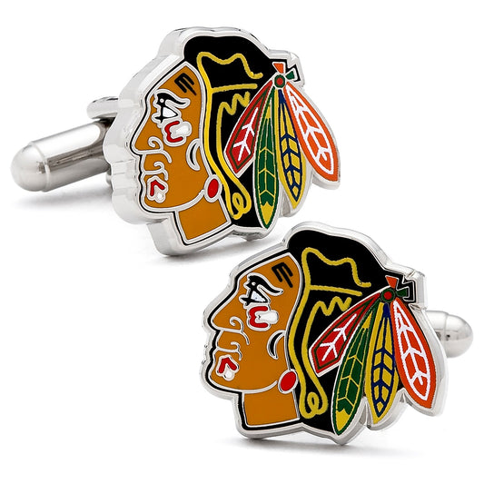 Pair of Chicago Blackhawks cufflinks on a white background