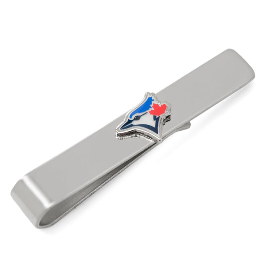 Silver tie clip with a logo on a white background