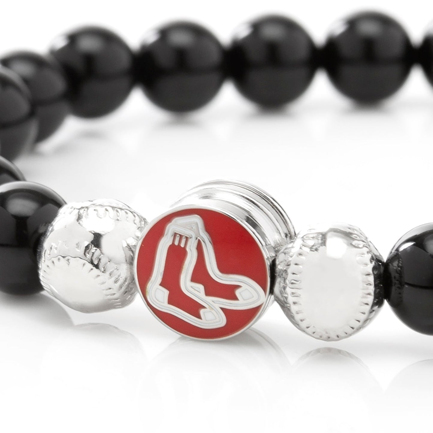 Black beaded bracelet with a red and silver logo charm on a white background MLB Boston Red Sox Bracelet