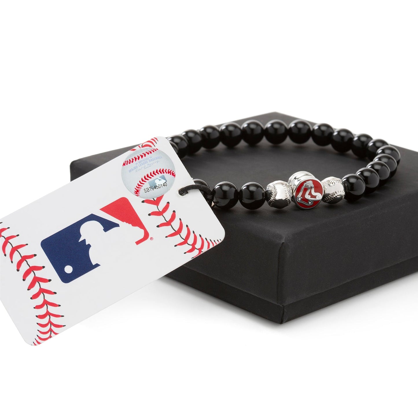 Black beaded bracelet with silver and red accents on a black stand with MLB branded card