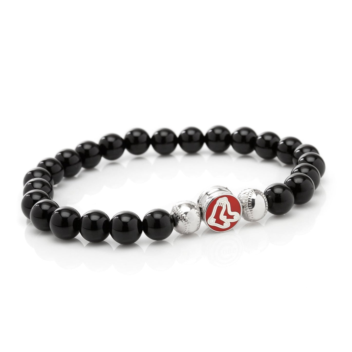 Black beaded bracelet with a silver and red charm on a white background MLB Boston Red Sox Bracelet