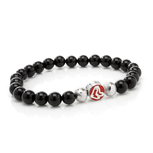 Black beaded bracelet with a silver and red charm on a white background MLB Boston Red Sox Bracelet