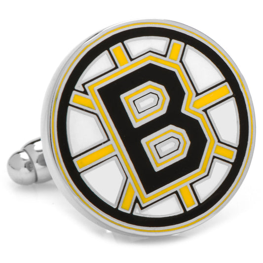 NHL Boston Bruins Cufflinks with a black and yellow logo on a white background