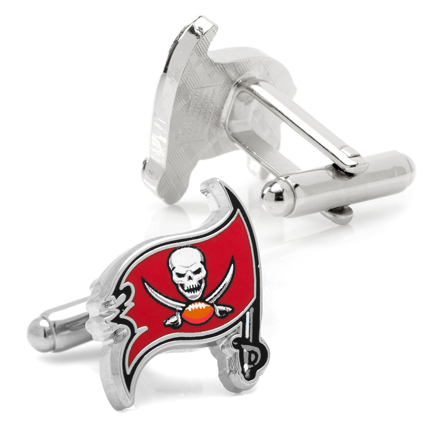 Cufflinks with a red and silver design featuring a skull and football on a white background