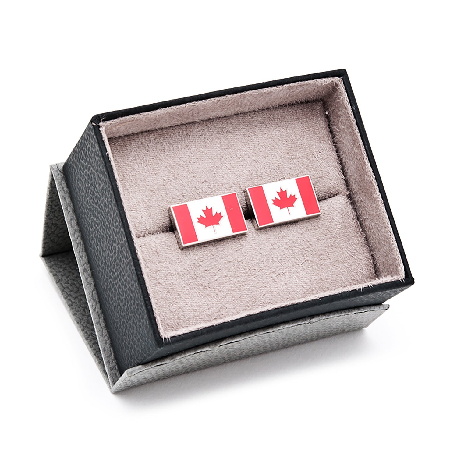 Canadian flag cufflinks in a gray box on a white background
