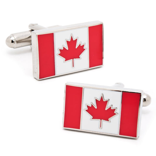 Cufflinks with a design of the Canadian flag on a white background