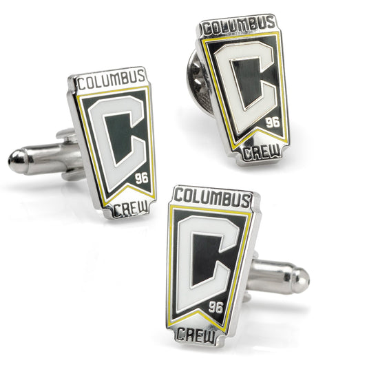 Three Columbus Crew cufflinks on a white background