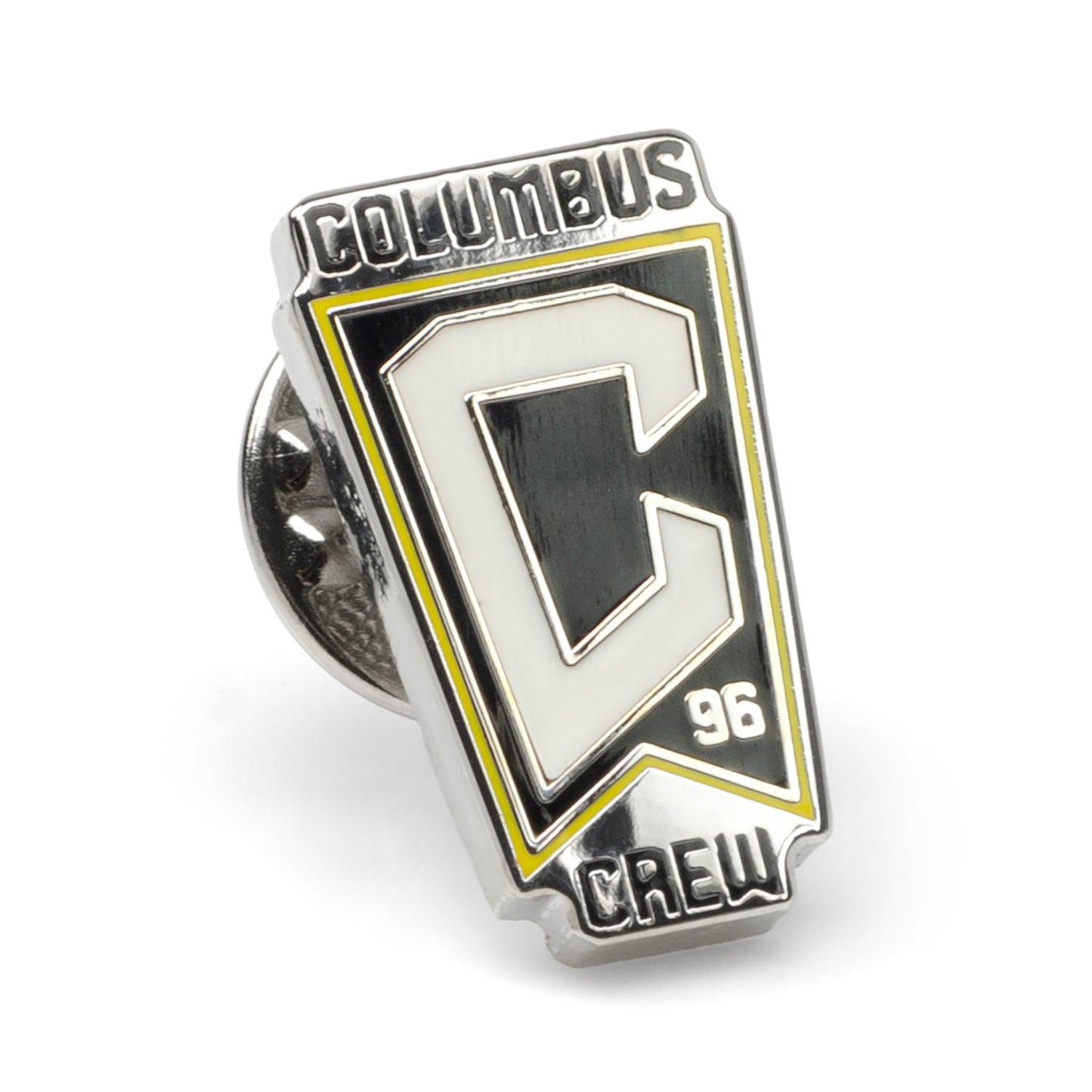 Metallic badge with 'Columbus Crew' text on a white background