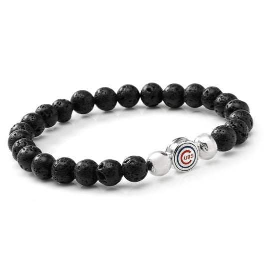 Black beaded bracelet with a silver charm featuring a logo on a white background