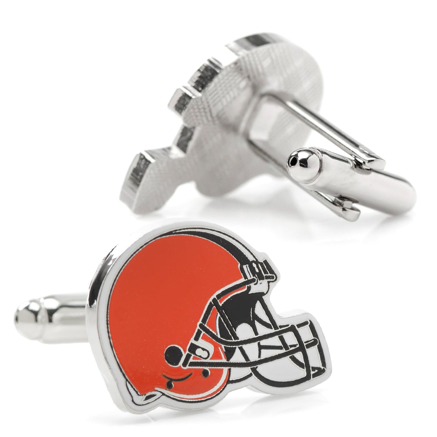 Cleveland Browns helmet cufflinks on a white background