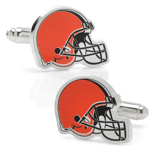 Cleveland Browns helmet cufflinks on a white background