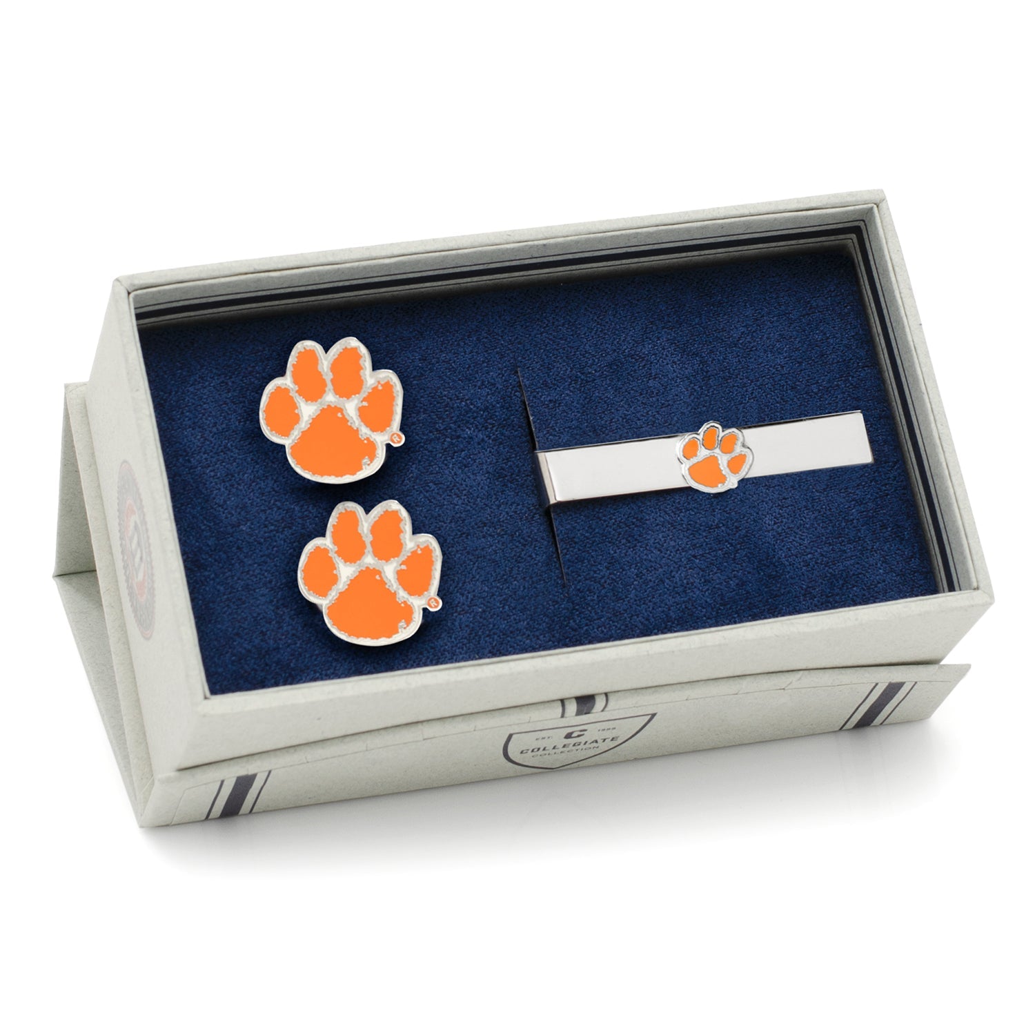 Crescent Cufflinks and Tie Bar set with orange paw prints in a branded box