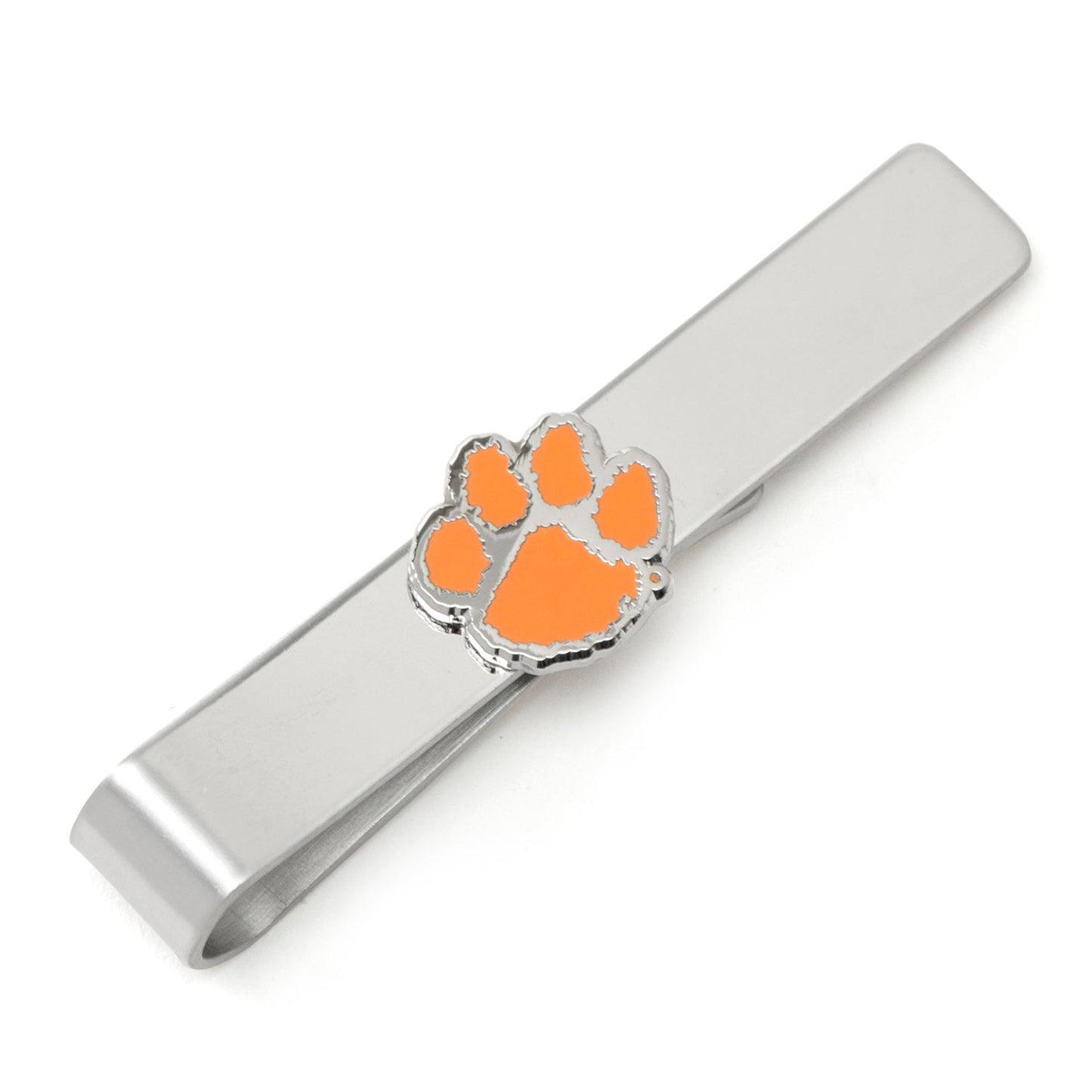 Silver tie clip with orange paw print design on a white background
