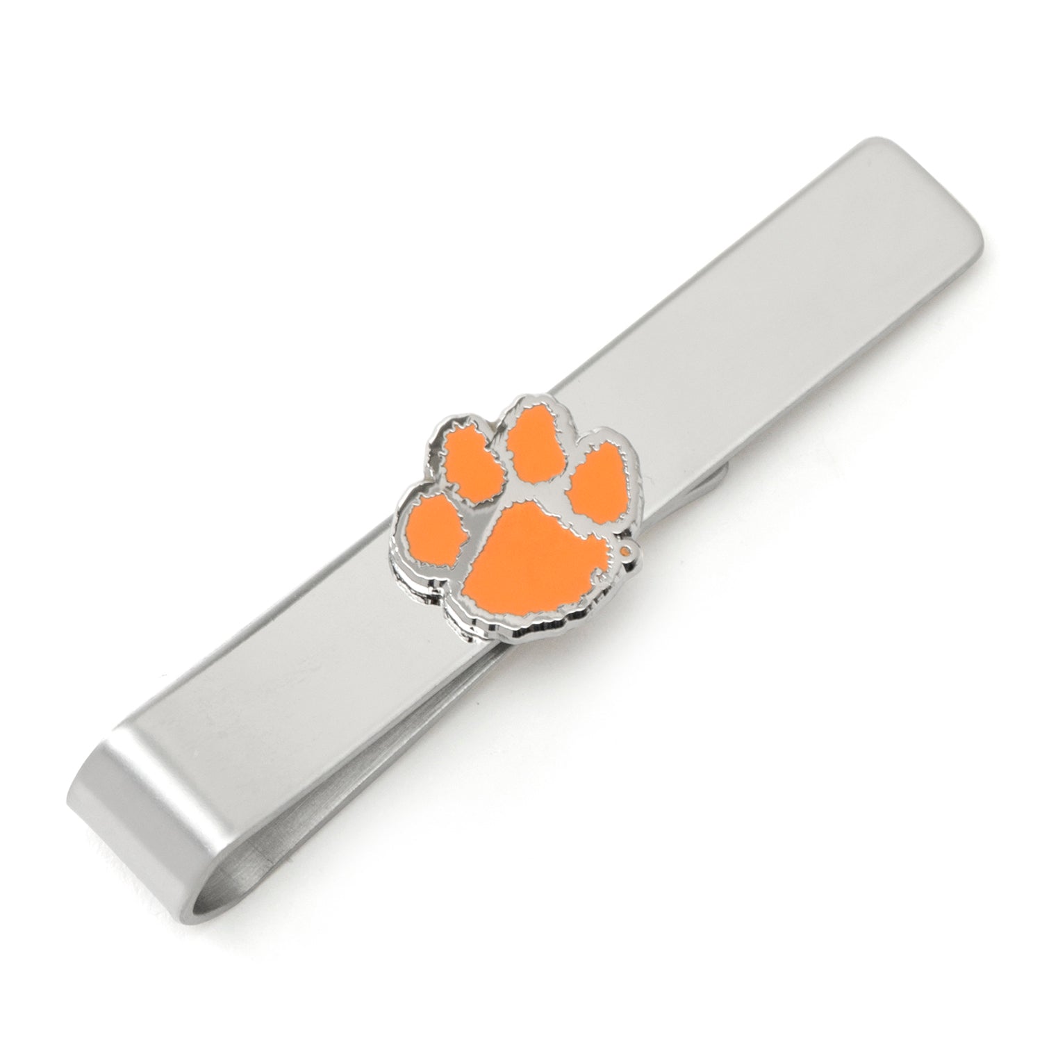 Silver tie clip with orange paw print design on a white background