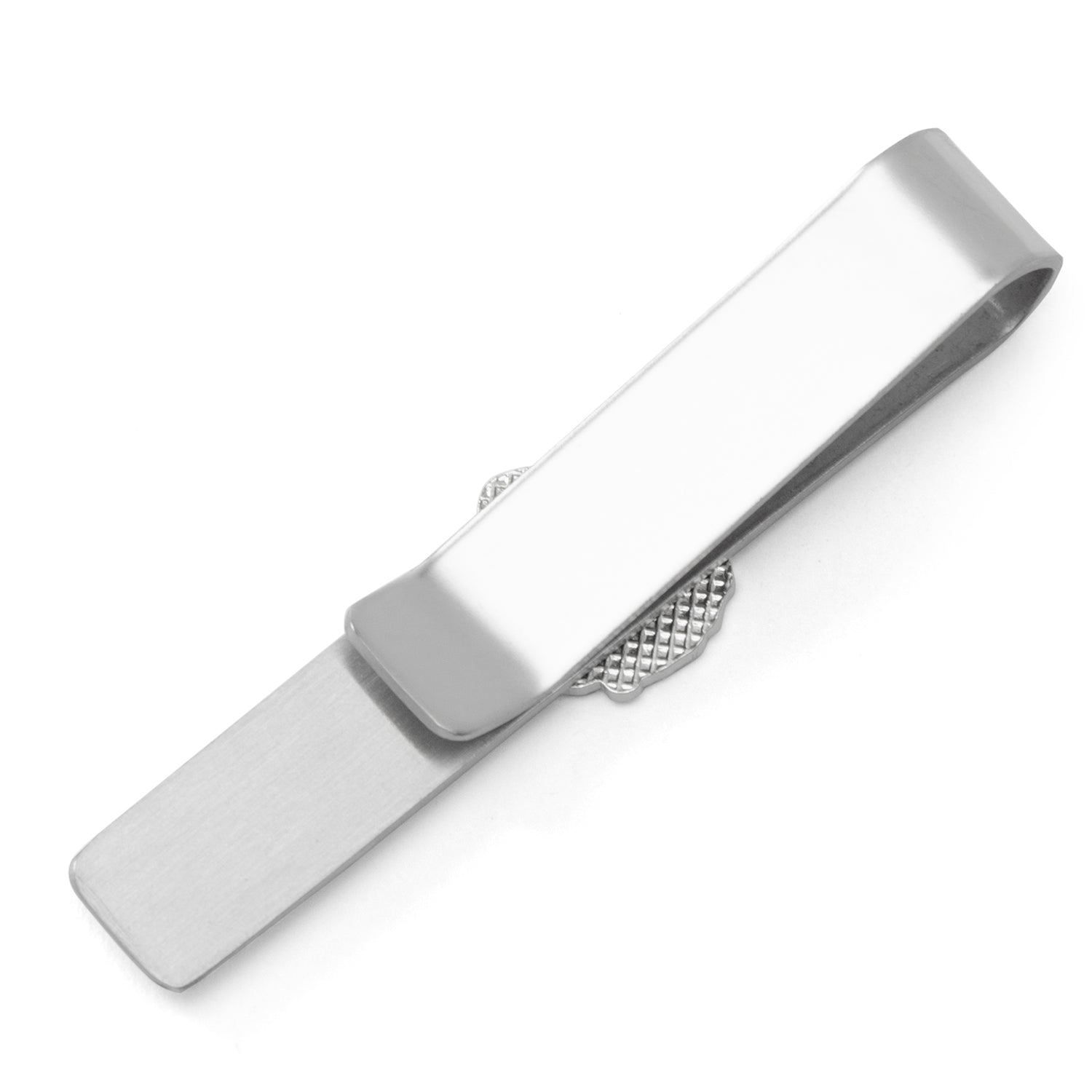 Silver tie clip on a white background