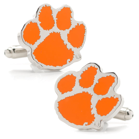 Orange paw print cufflinks with silver borders on a white background NCAA Clemson University Tigers Cufflinks