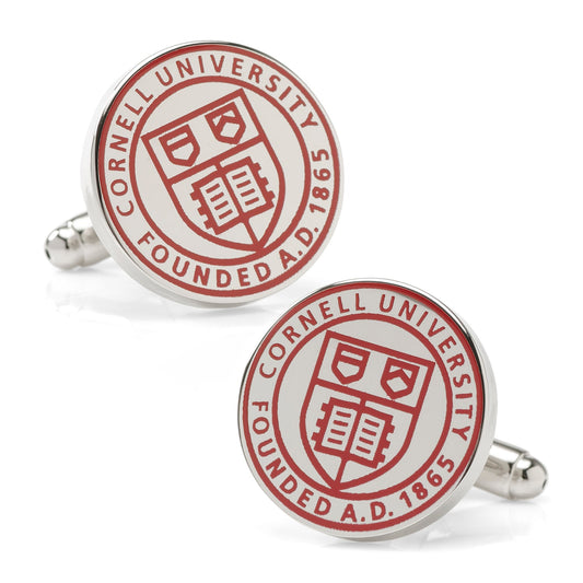 Cornell University cufflinks with red and silver design on a white background