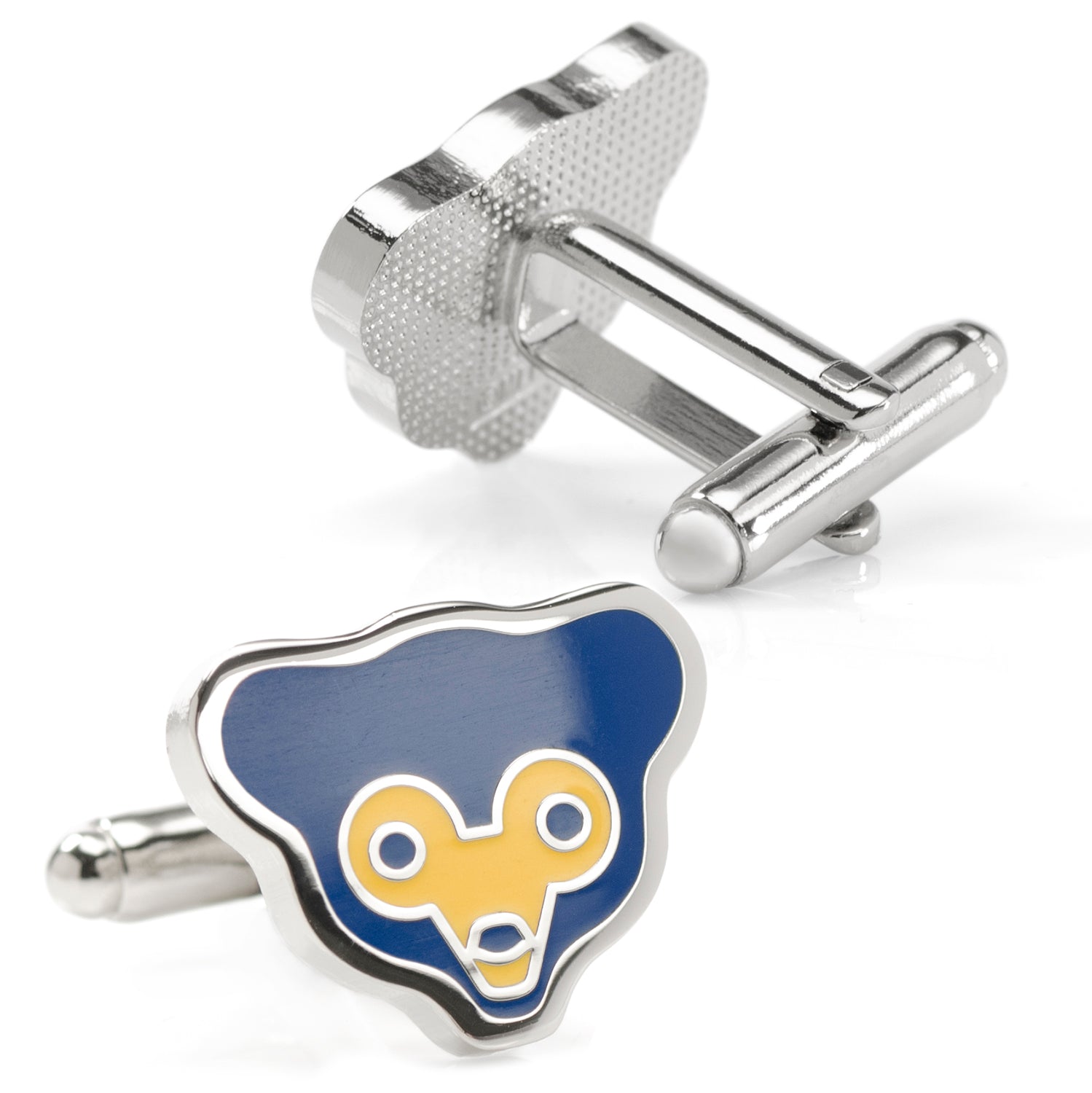 Cufflinks with a blue and yellow design on a white background