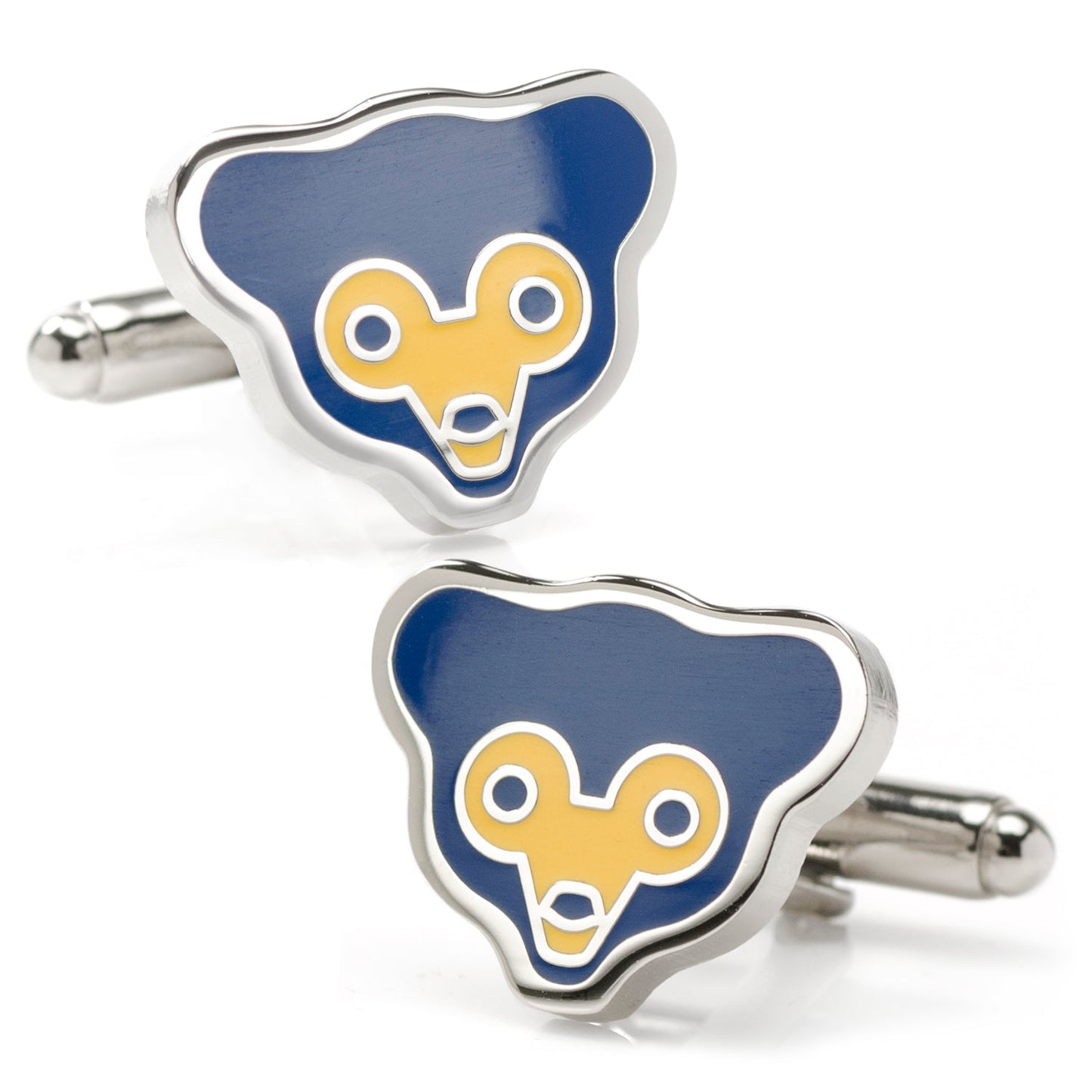 Pair of blue and yellow bear-shaped cufflinks on a white background