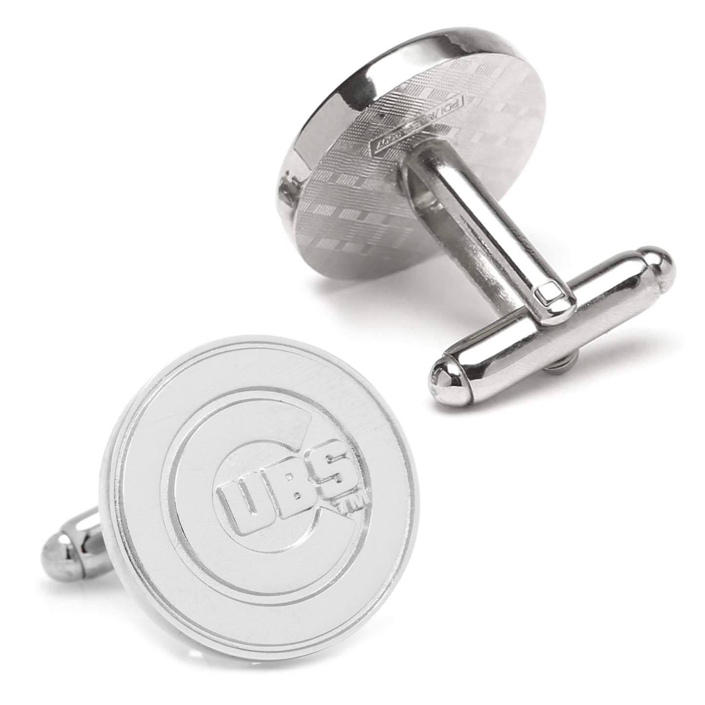 Silver cufflinks with a circular design on a white background
