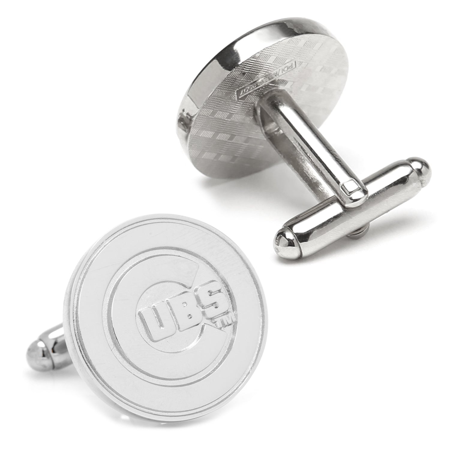 Silver cufflinks with a circular design on a white background