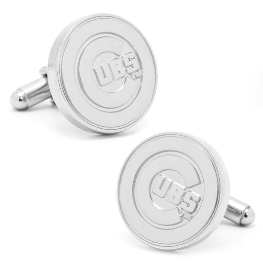 Silver round cufflinks with 'Cubs' logo on a white background